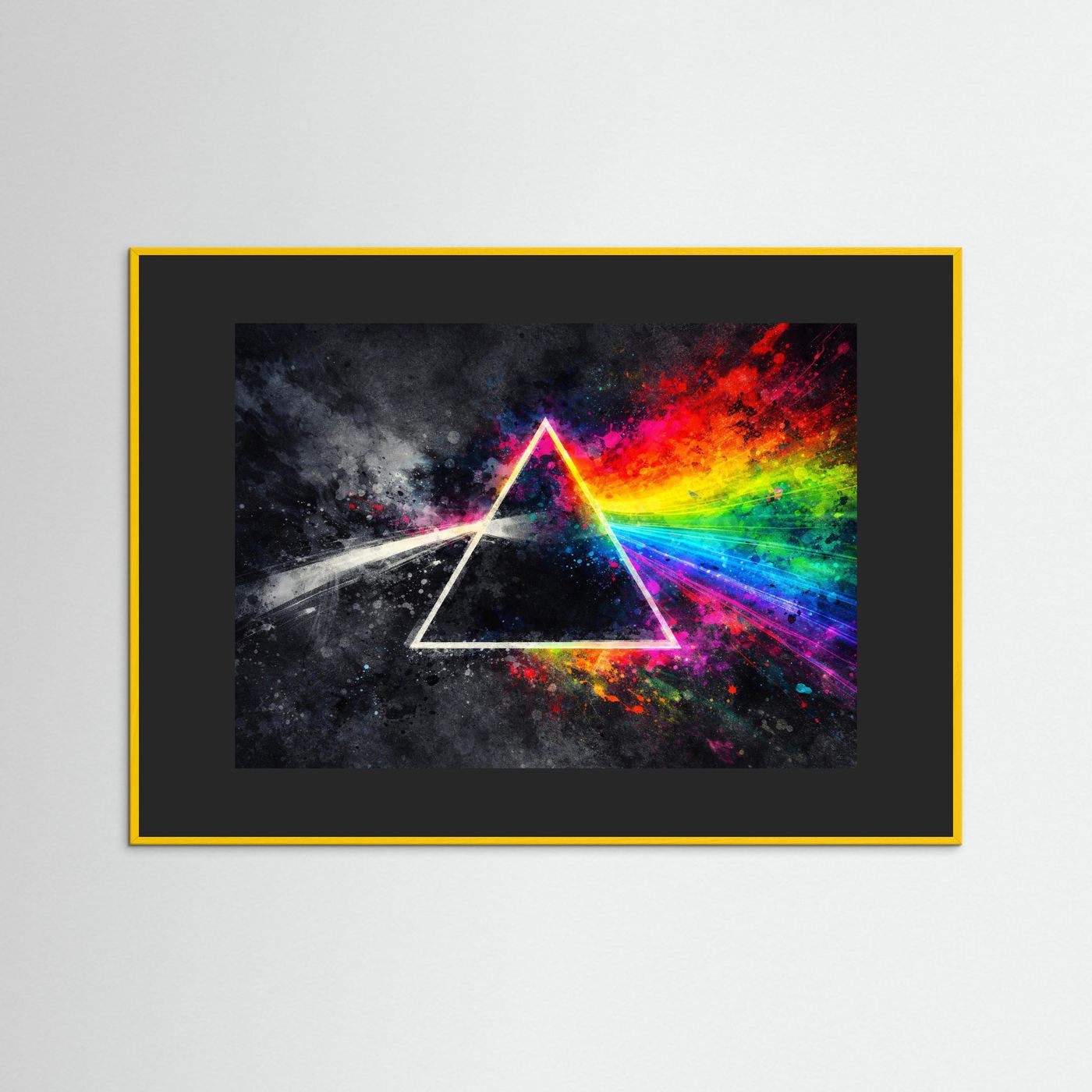 Wandbild mit dreieckiger Neonform und regenbogenfarbenem Prisma, gelb-goldener Rahmen