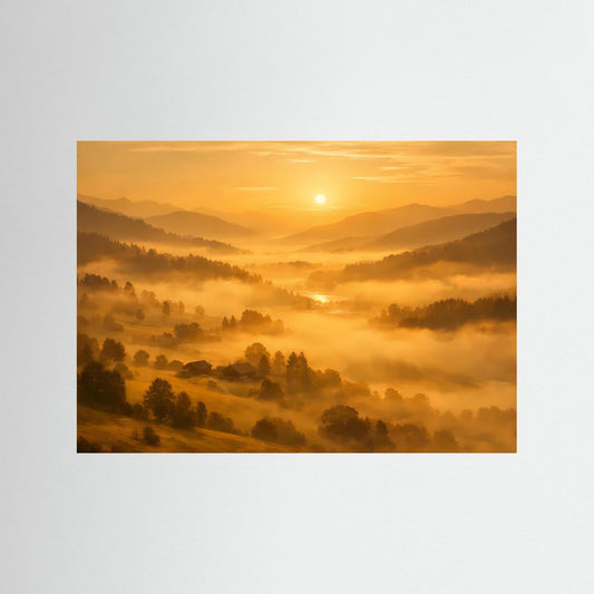 Naturposter im Querformat: goldener Sonnenaufgang über nebeligen Hügeln, dünner Rahmen