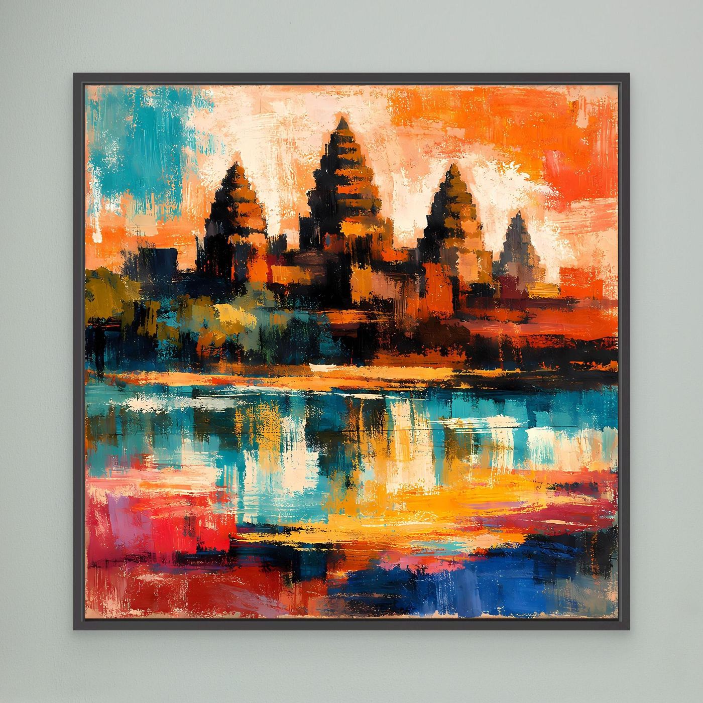 Wandbild mit abstrakter Maya-Pyramide und Spiegelung im Wasser, mehrfarbig, schwarz gerahmt.