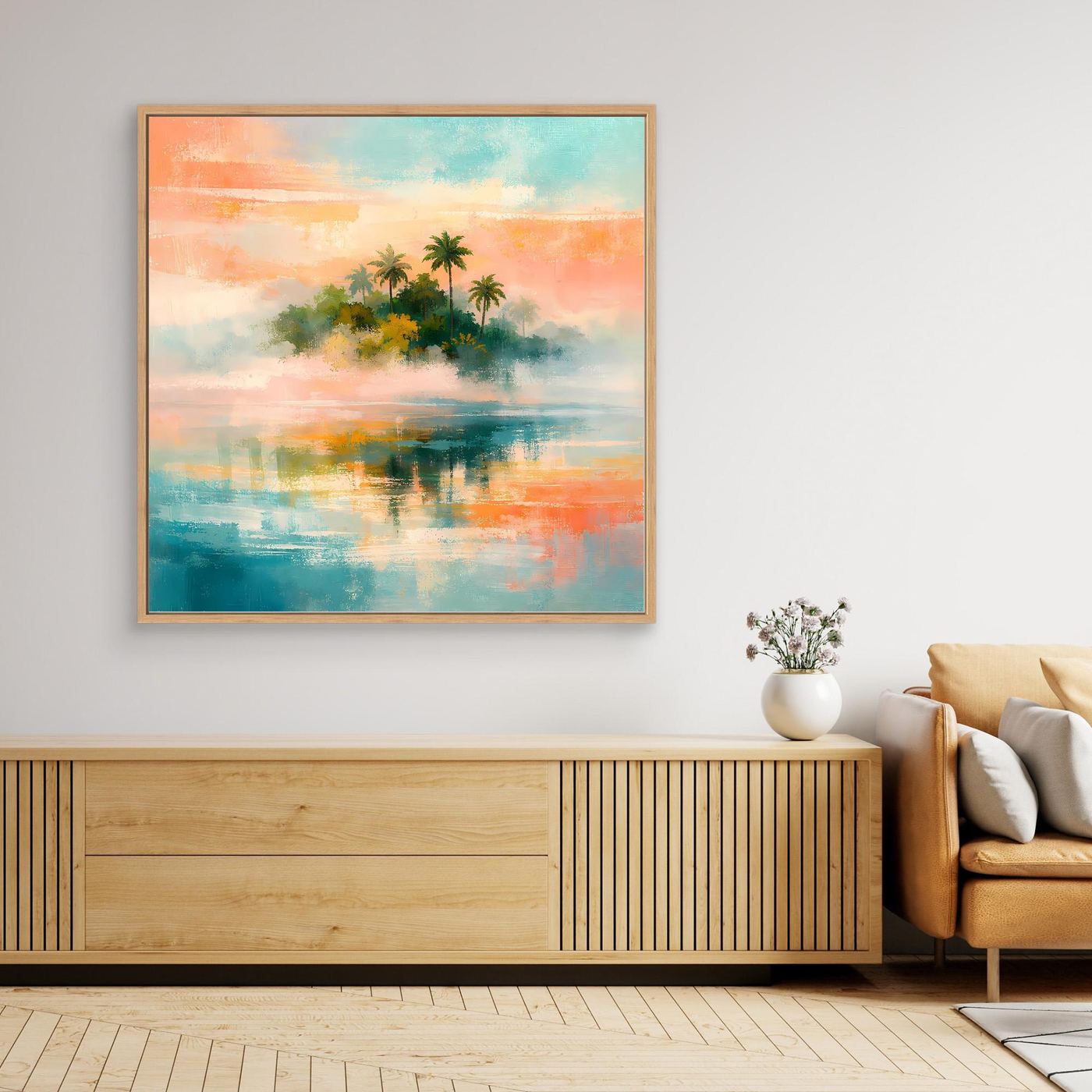 Wandbild mit abstraktem Tropenmotiv: Palmen und Meer, mit goldbraunem Holzrahmen