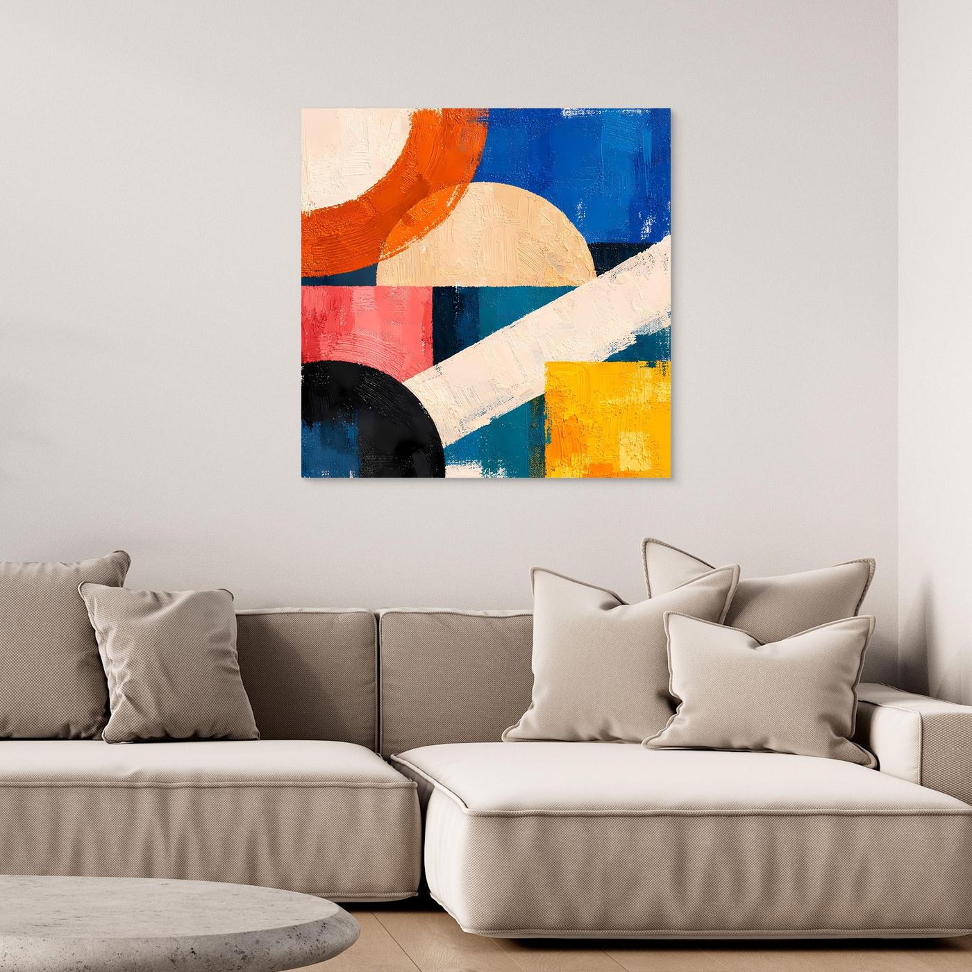 Abstract geometric canvas wall art with blue, orange, red, yellow and white shapes
