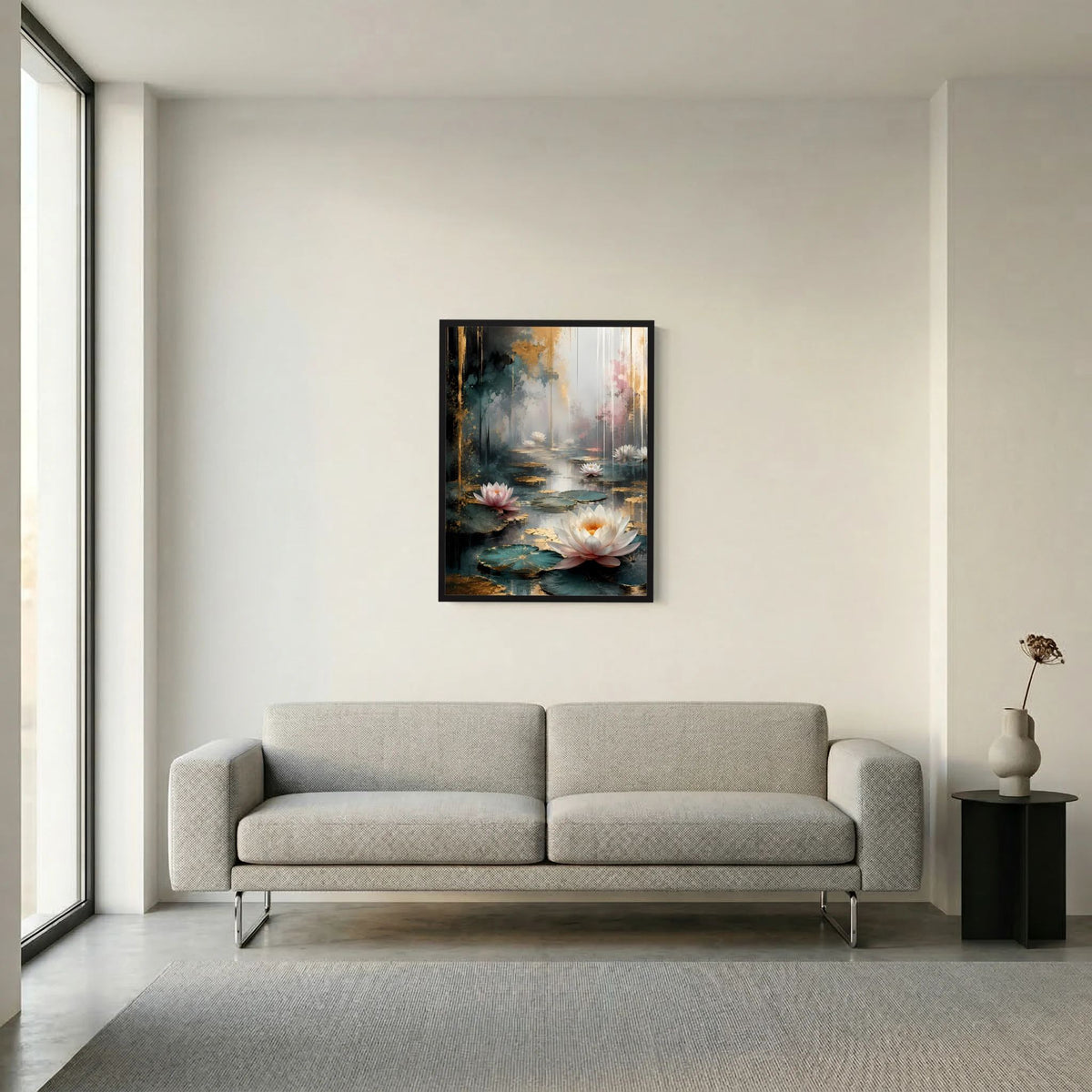 Wandposter im Hochformat mit Wasserlilien in Weiß und Rosa, schwarzer Rahmen