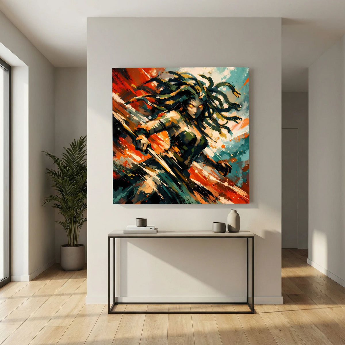 Leinwand-Wandbild: Medusa in Bewegung, kräftige Pinselstriche und Farbspritzer in Orange und Schwarz