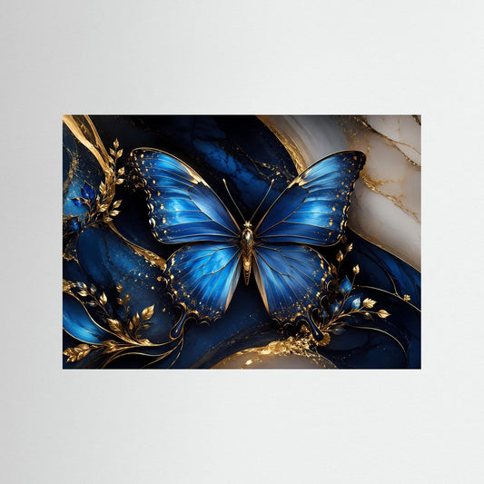 Kunstposter mit blauer Morpho-Schmetterling-Illustration und Goldornamenten, ohne Rahmen