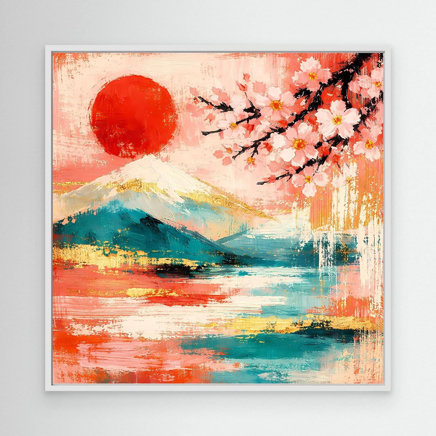 Abstraktes Leinwandbild mit Fuji, Kirschblüten und roter Sonne im weißen Rahmen
