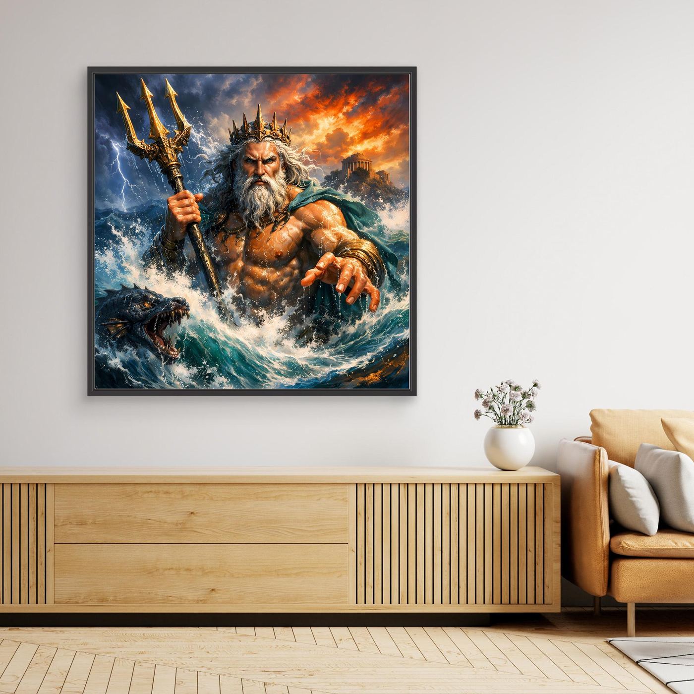 Leinwand Monumentaler Poseidon im Wellenrausch | Mythisches Meeresgott Wandbild