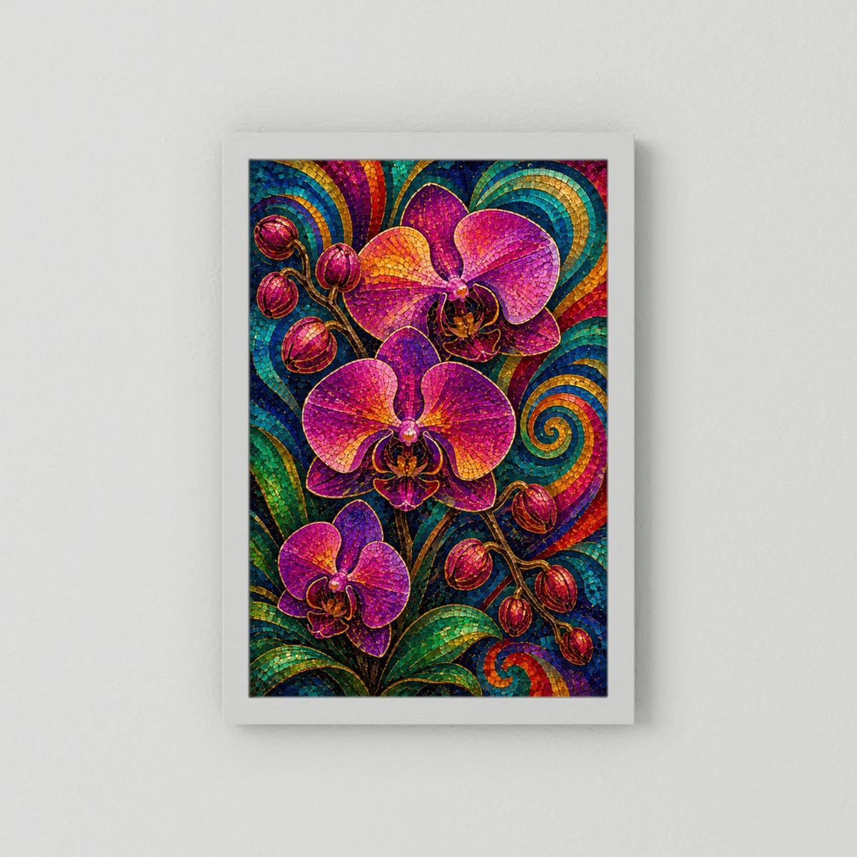 Poster mit Orchideen-Mosaik in Pink, Blau und Gold, Hochformat im weißen Rahmen