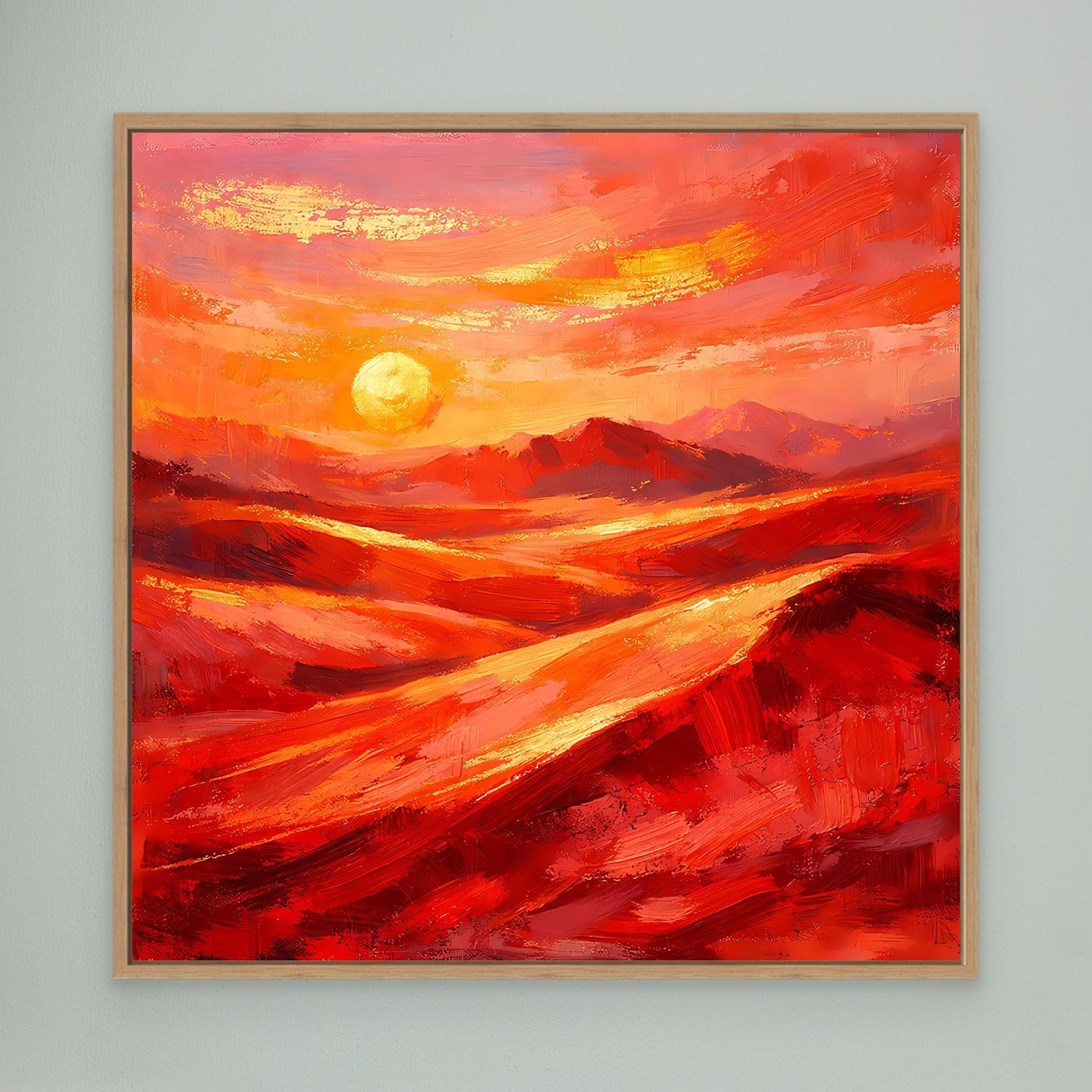 Abstraktes Leinwandbild mit Sonne, rot-orangefarbenen Farbstrichen, Eichenrahmen