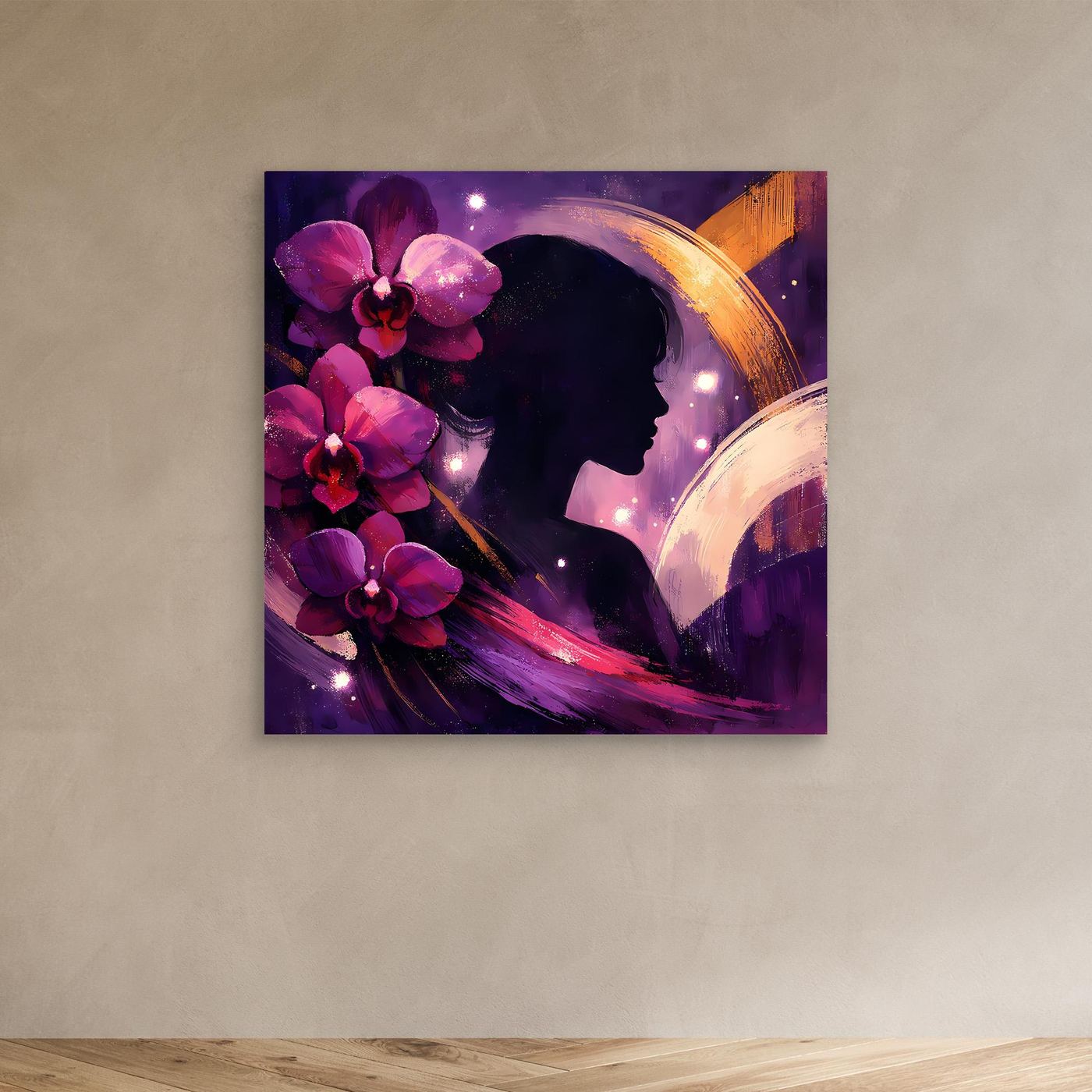 Kleines Leinwandbild mit abstraktem Frauenprofil, violetten Orchideen und goldenen Lichtbögen
