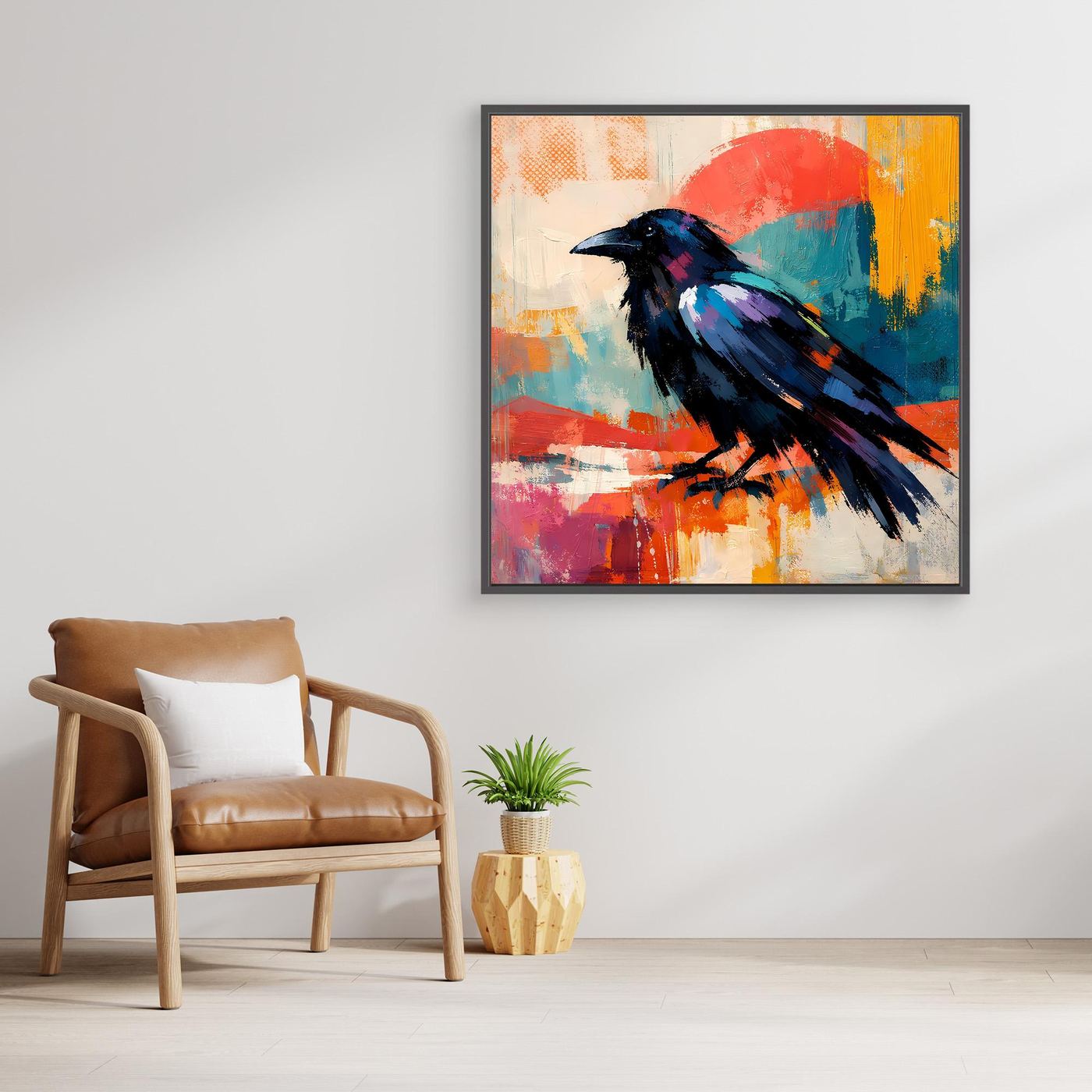 Framed abstract raven bird canvas wall art with blue, red, orange and white paint blocks