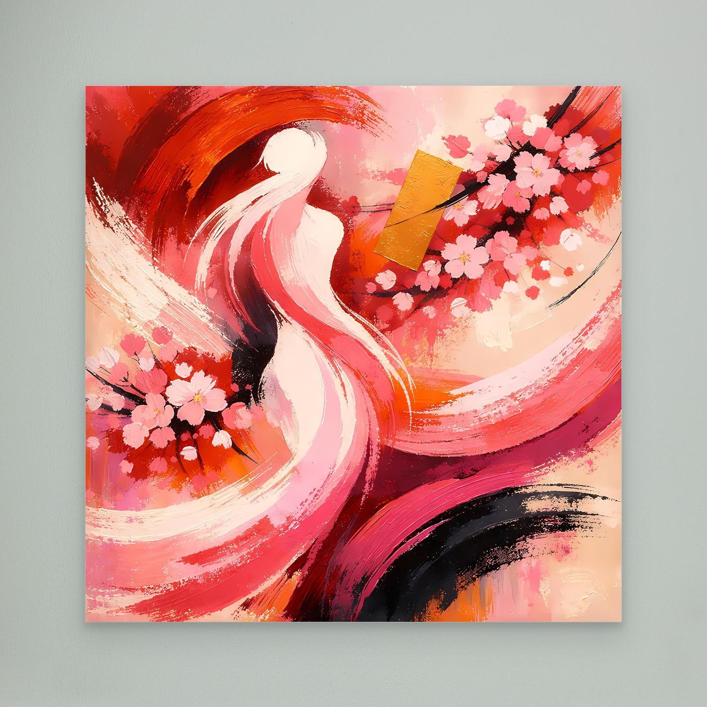 Abstraktes Wandbild: Kirschblüten, weiße Frauensilhouette und rote, rosa Pinselstriche