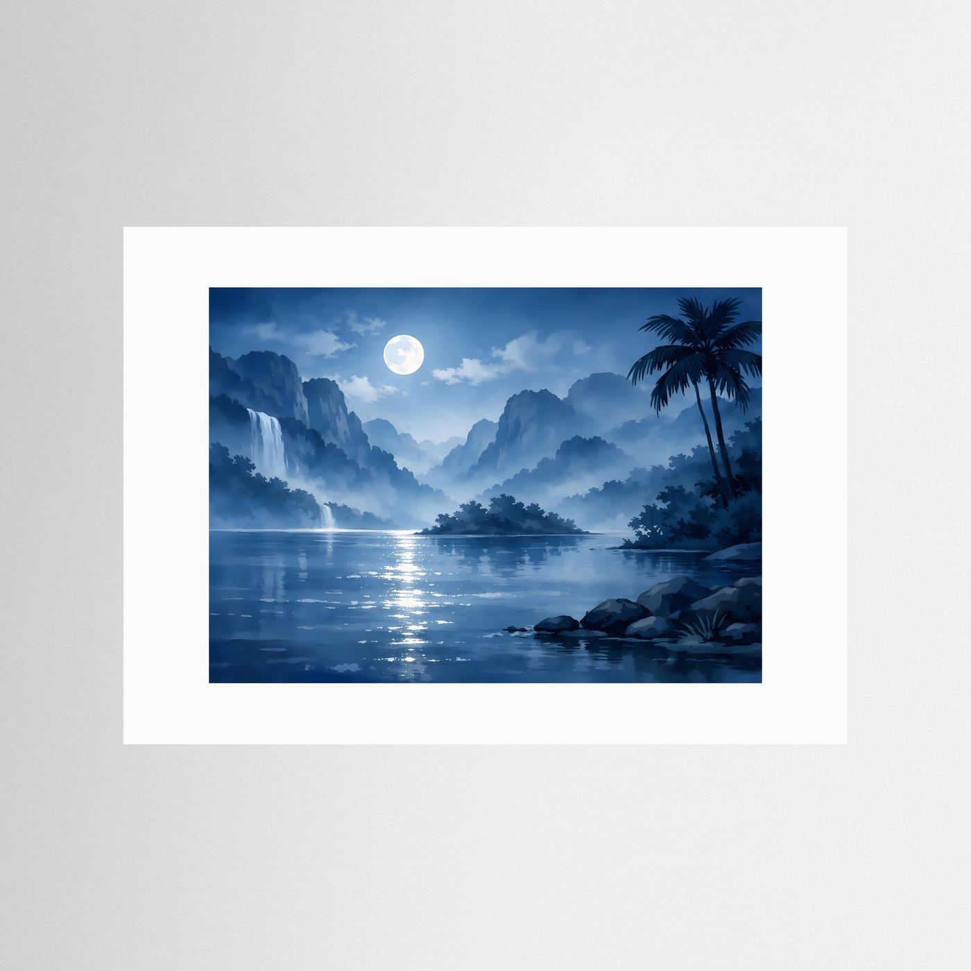 Querformat-Poster mit mondheller Nachtlandschaft am Bergsee und Palmen, mit weißem Passepartout