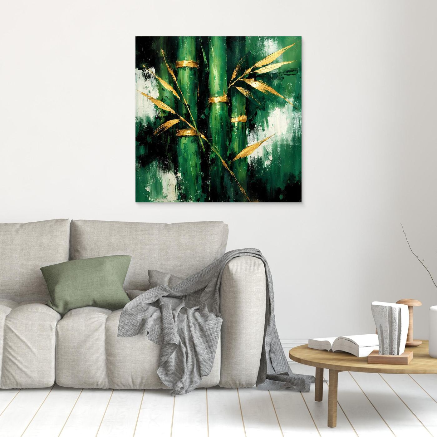 Leinwand Abstraktes Bambus Gemälde in Grün und Gold | Modernes Natur Wandbild