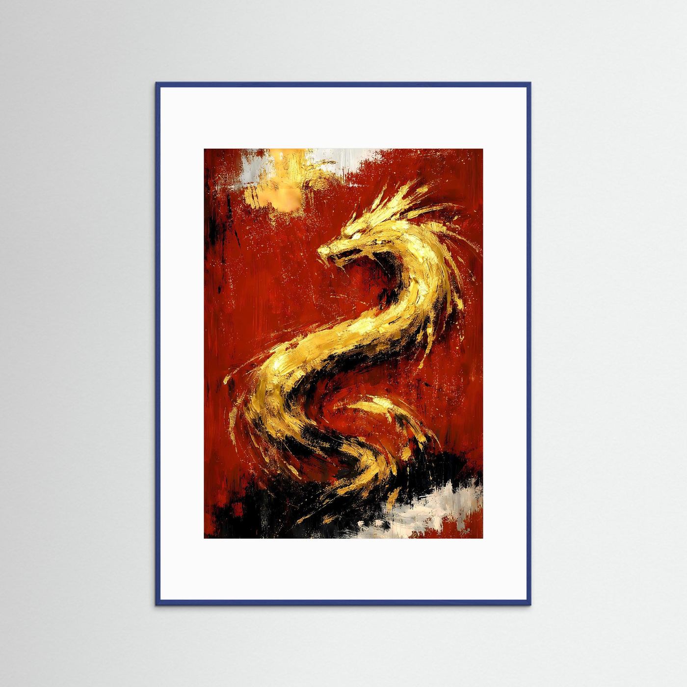 Drachenposter Hochformat, blauer Rahmen; goldgelber Drache auf rubinrotem Grund, schwarz