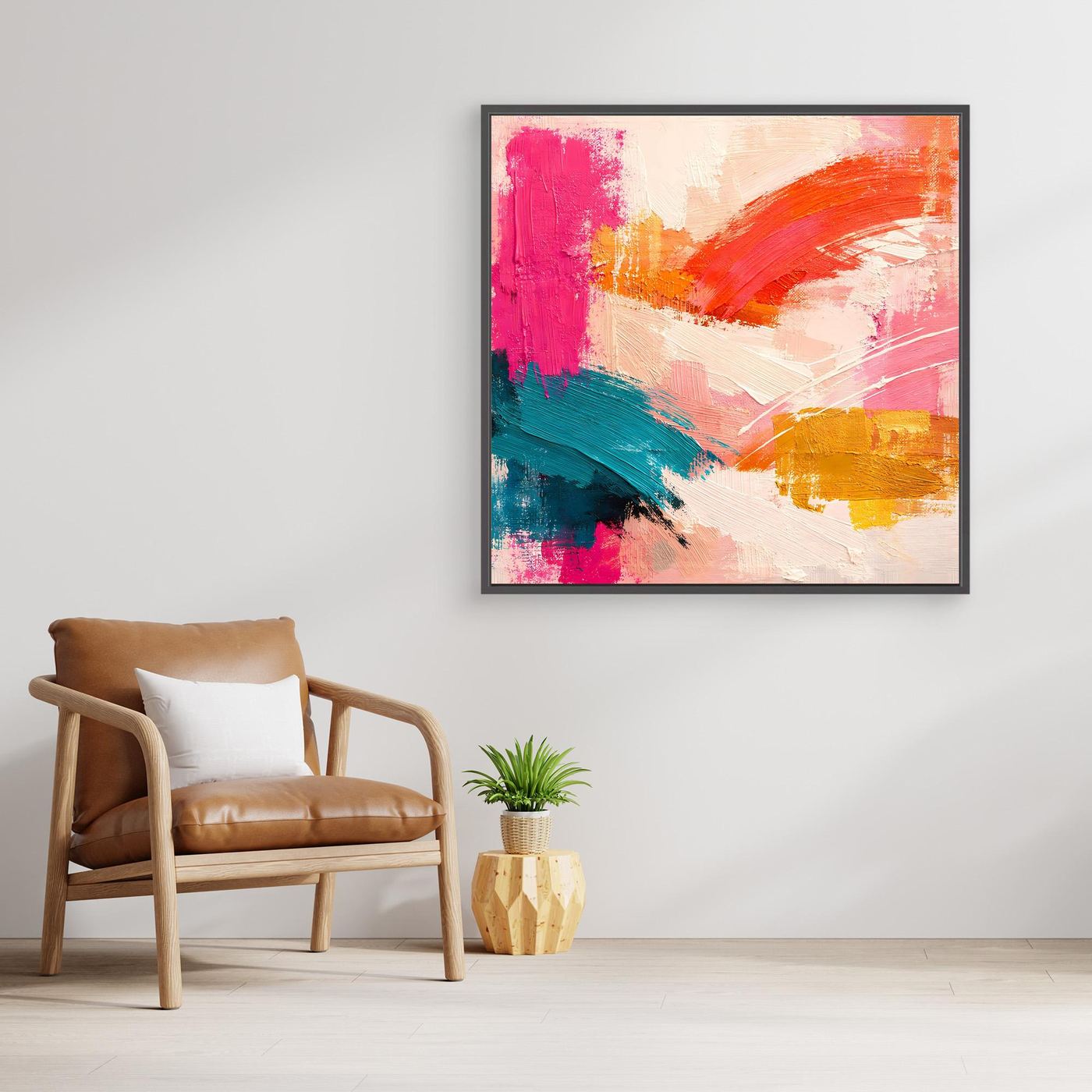 Abstraktes Leinwand-Wandbild im Pastellstil, Pink und Orange, dunkel gerahmt, Teal Akzent