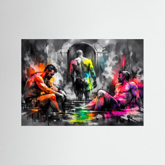 Querformat-Poster mit abstrakten Figuren in Orange, Pink und Gelb, im schwarzen Rahmen