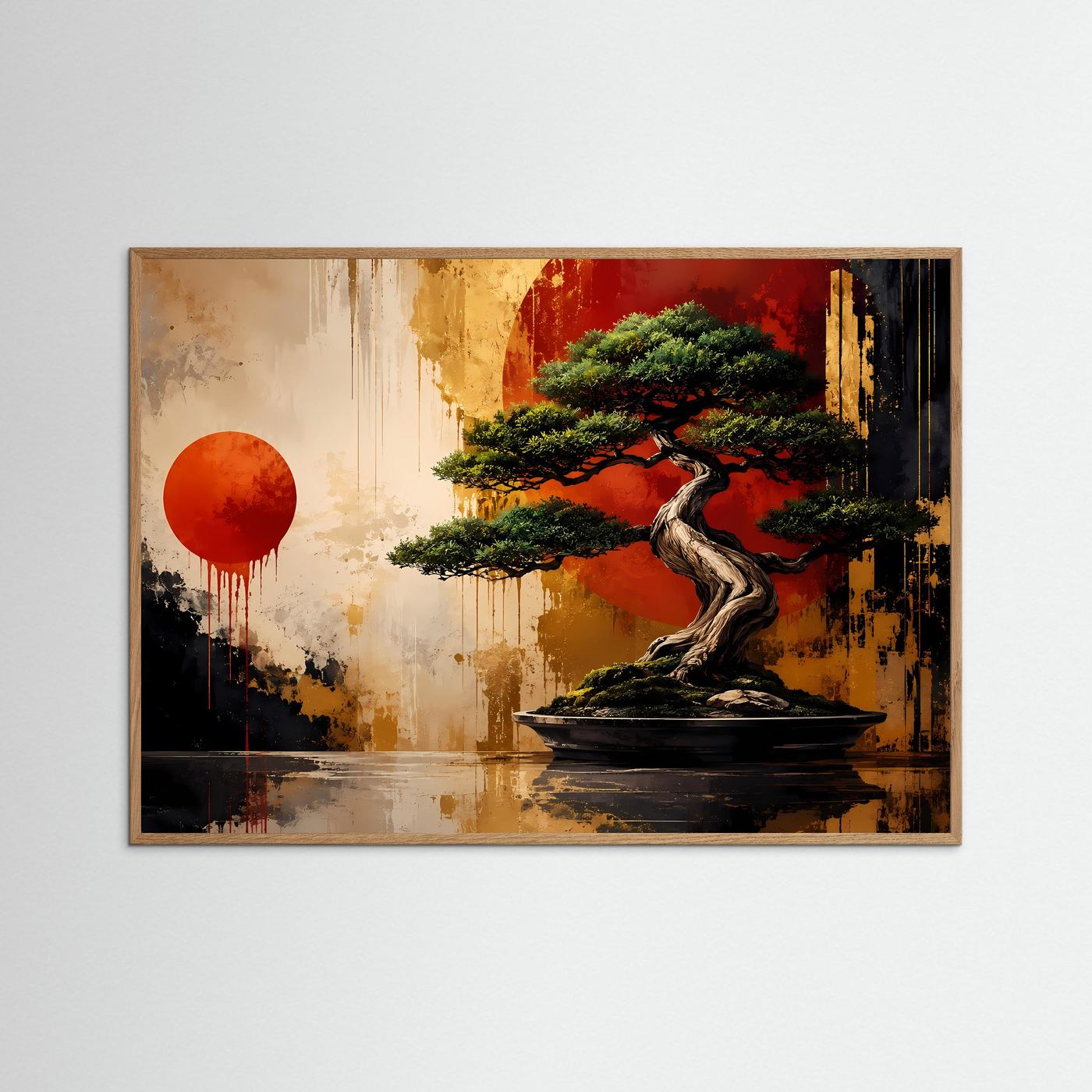 Japanischer Bonsai vor roter Sonne | Modernes Zen & Natur Poster im Querformat