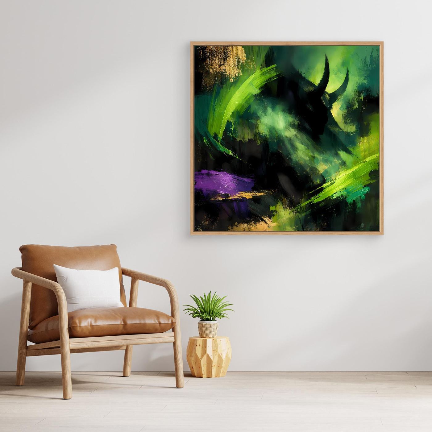 Quadratisches abstraktes Stier-Wandbild mit goldenem Rahmen, dunkler Körper, grüne Striche