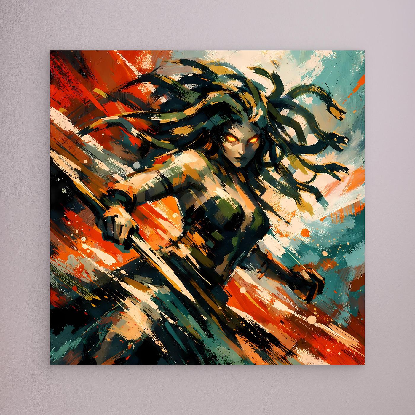 Leinwand Mythische Medusa im Action-Stil | Dynamisches Wandbild auf echter Leinwand