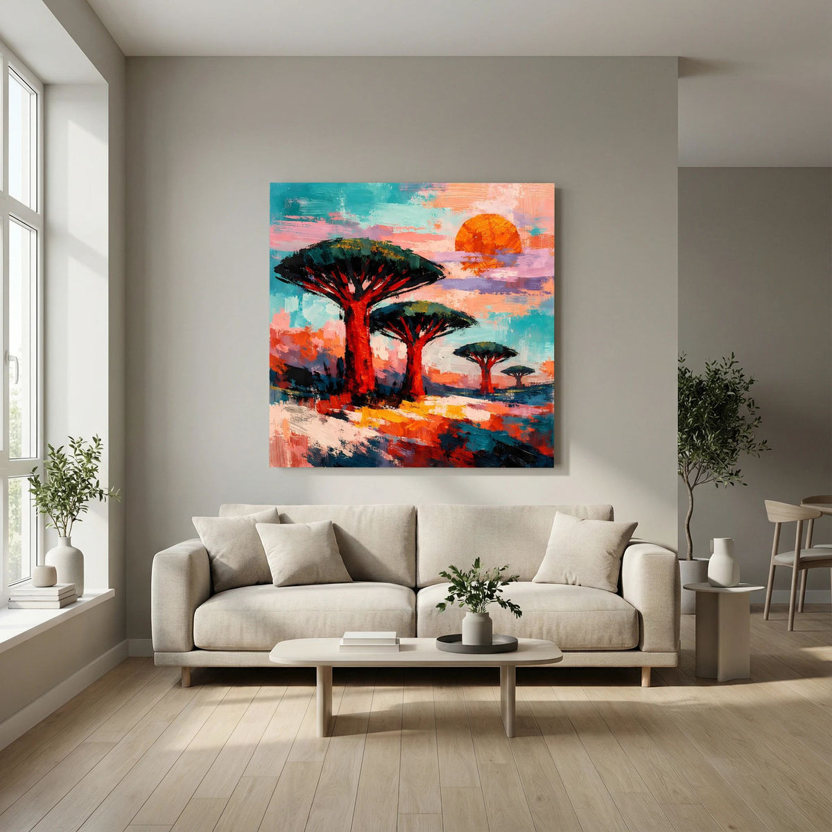 Abstraktes Wandbild mit Savannenbäumen, dunkle Baumkronen und orangefarbener Sonne