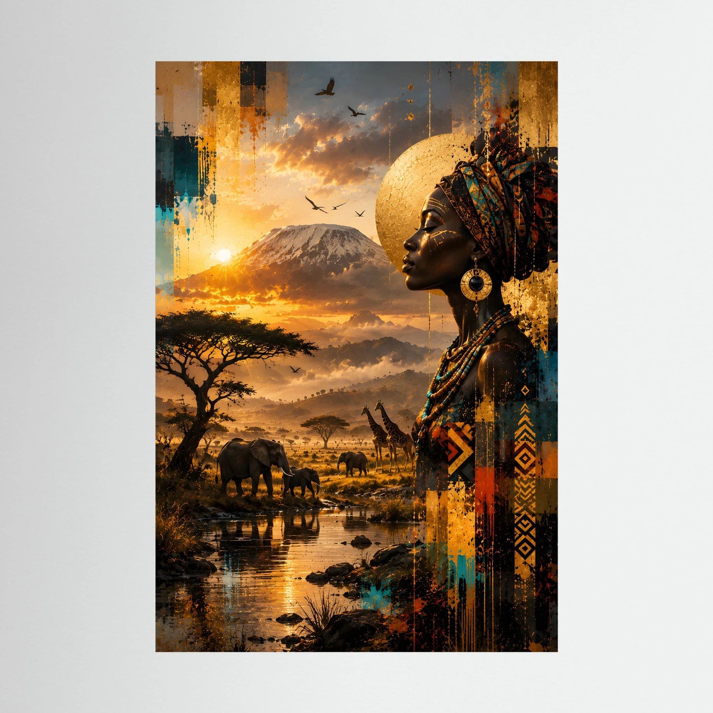 Kunstposter: Afrikanerin im Profil mit bunten Mustern, Savanne mit Elefanten und Sonne