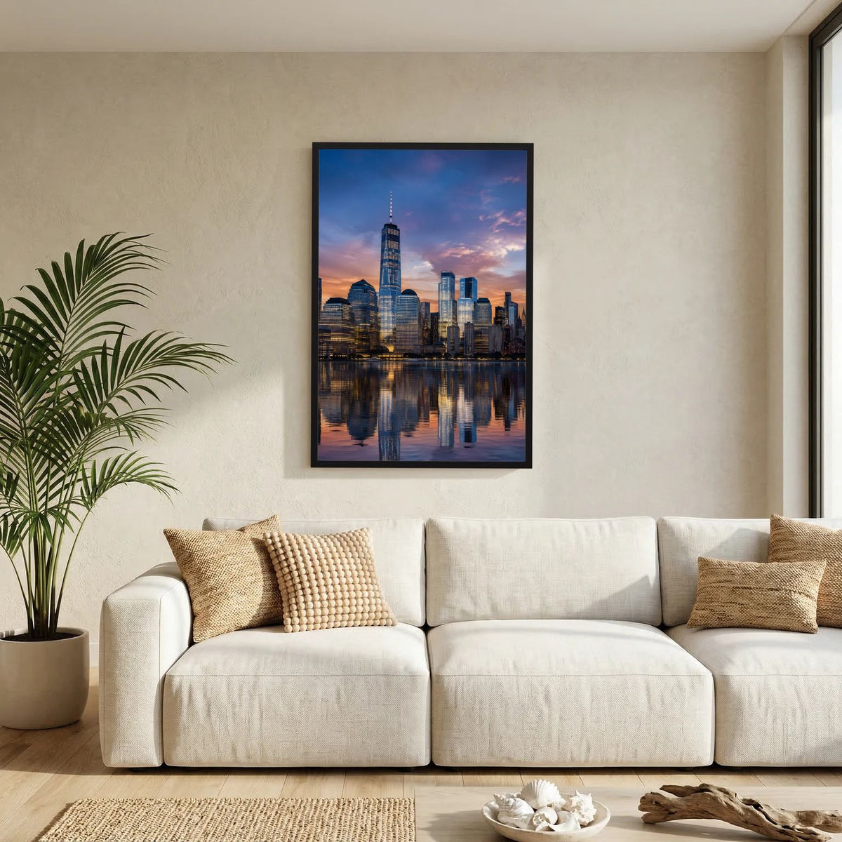 Hochformatiges Skyline-Poster im schwarzen Rahmen, mit Stadtansicht bei Sonnenuntergang