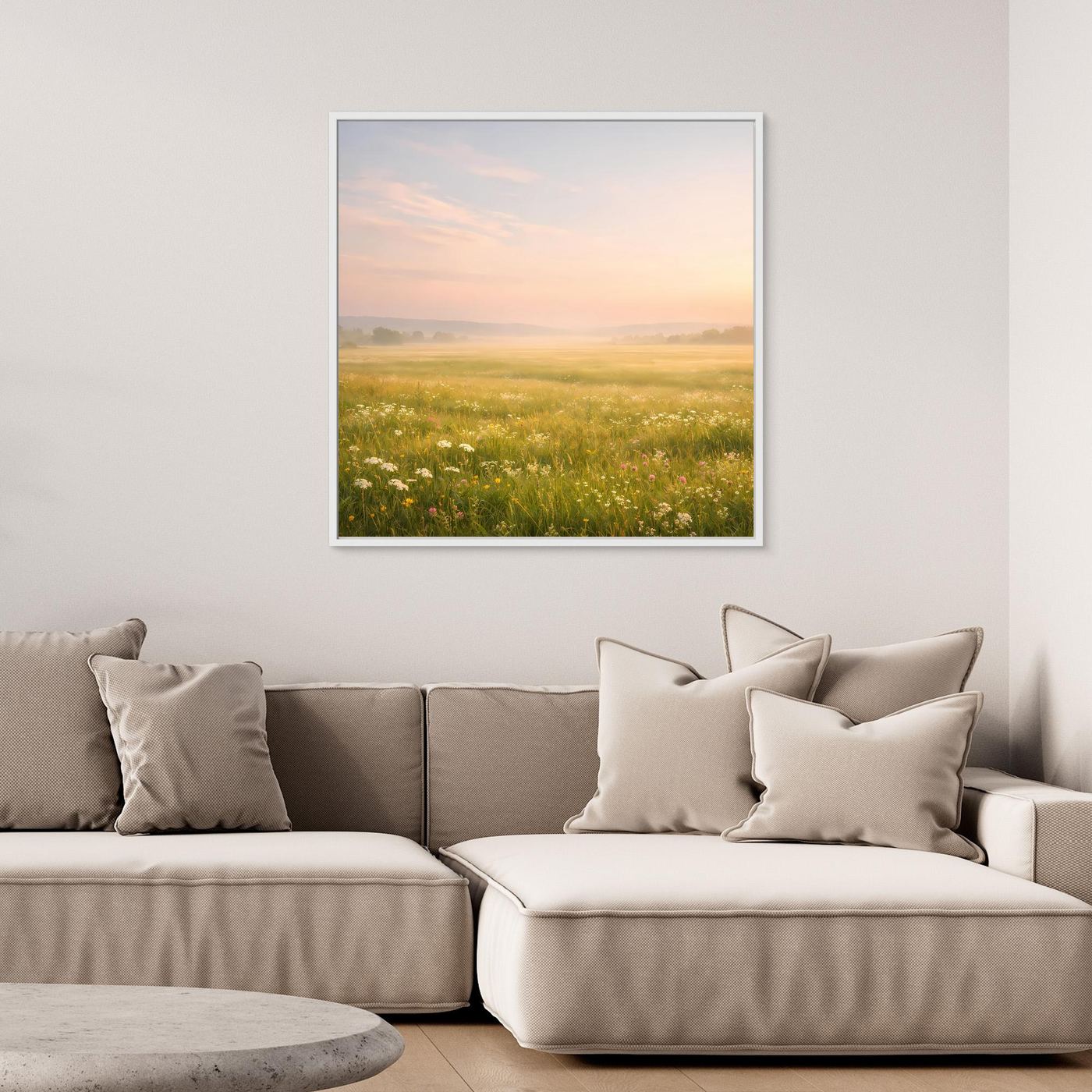 Leinwandbild Blumenwiese im Nebel mit weißem Rahmen