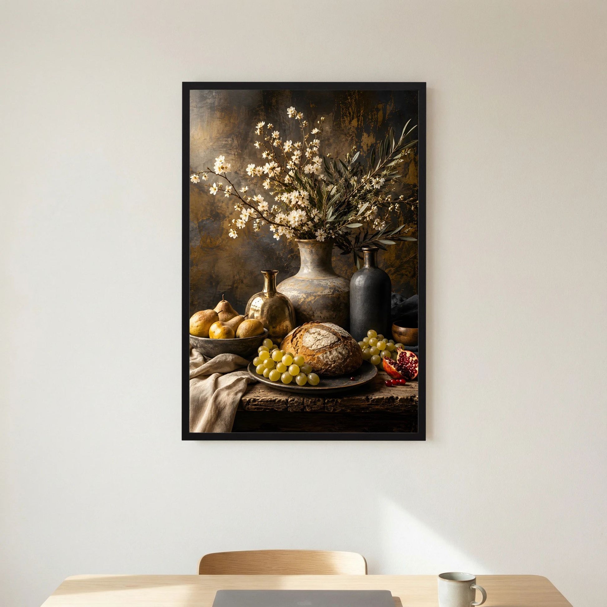 Kunstposter mit schwarzem Holzrahmen: Vase mit weißen Blüten, Früchte und Brot