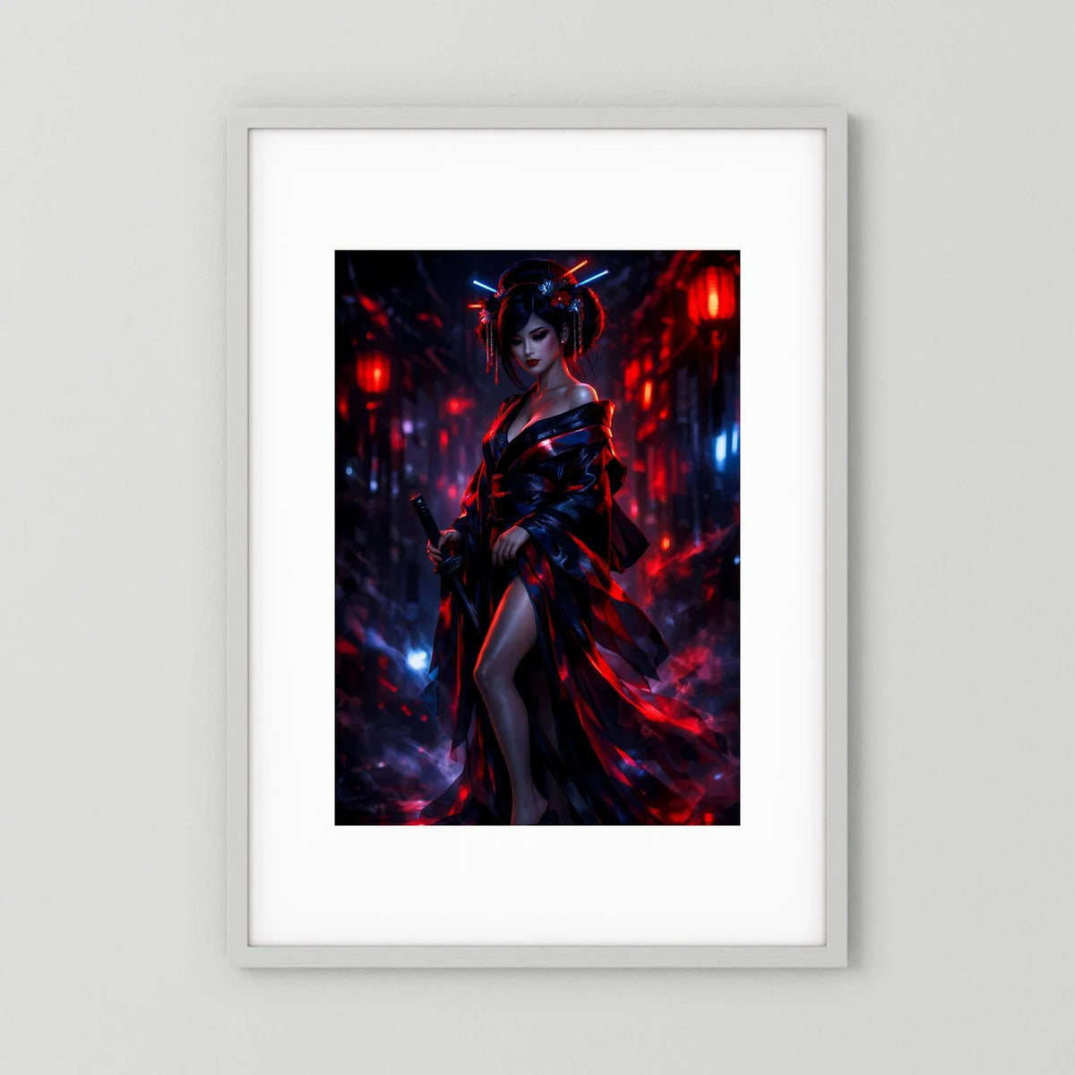 Wandposter mit Samurai-Kriegerin, dunkles Gewand, hält Katana; Neon-Rot und -Blau.