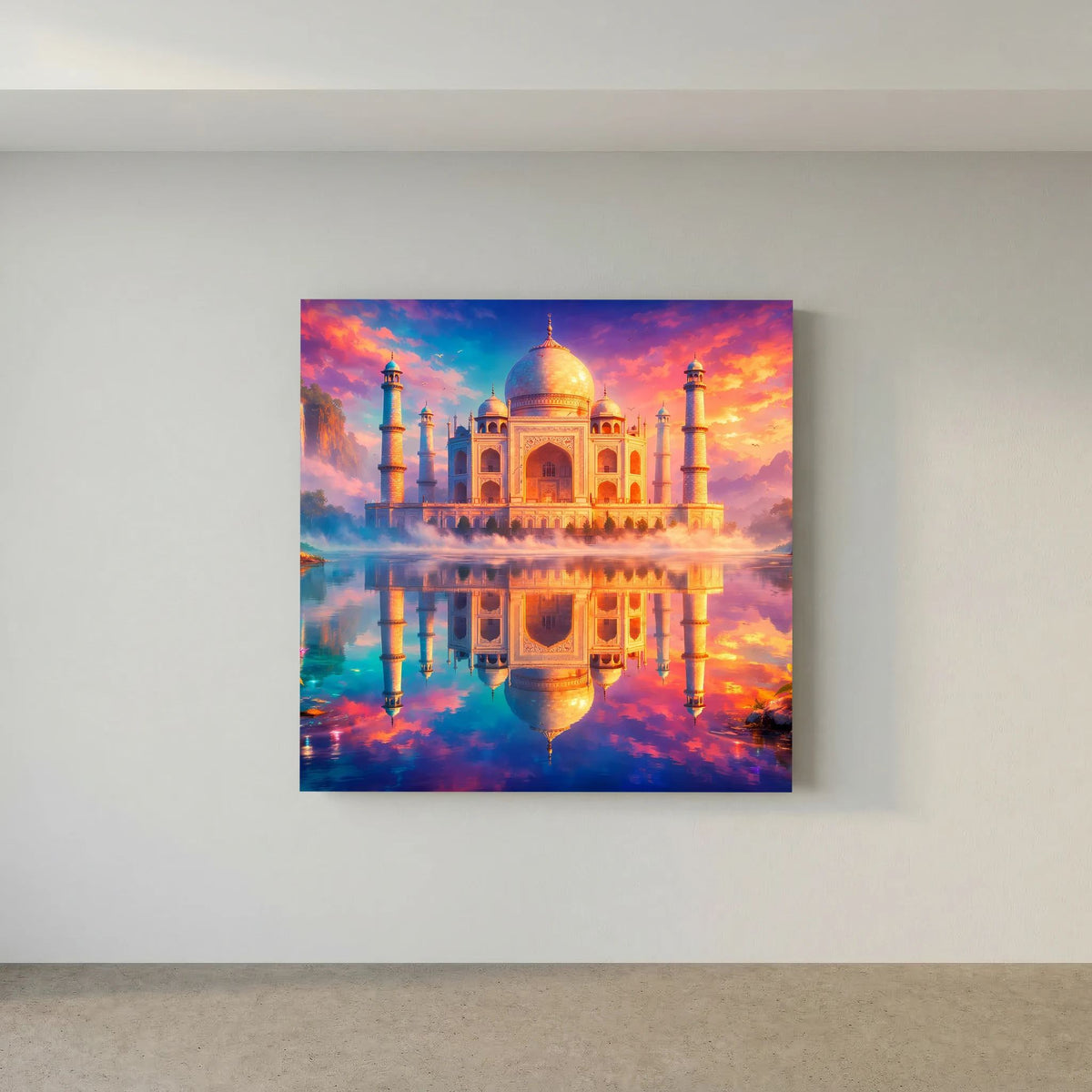Quadratisches Leinwandbild Taj Mahal mit goldener Kuppel und Spiegelung, auf Holzkeilrahmen.