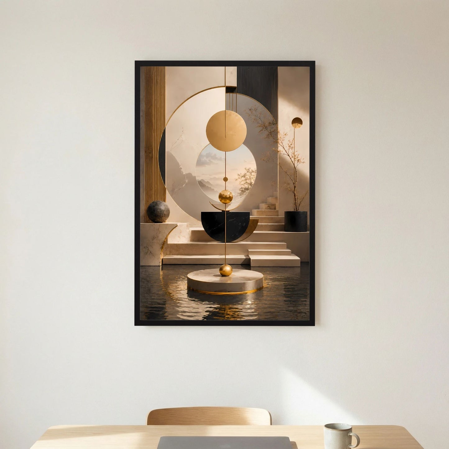 Abstraktes Geometrie-Poster im Hochformat mit schwarzem Rahmen und goldenen Akzenten
