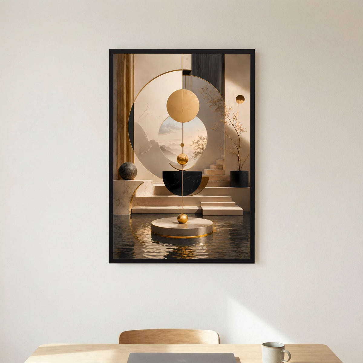 Abstraktes Geometrie-Poster im Hochformat mit schwarzem Rahmen und goldenen Akzenten