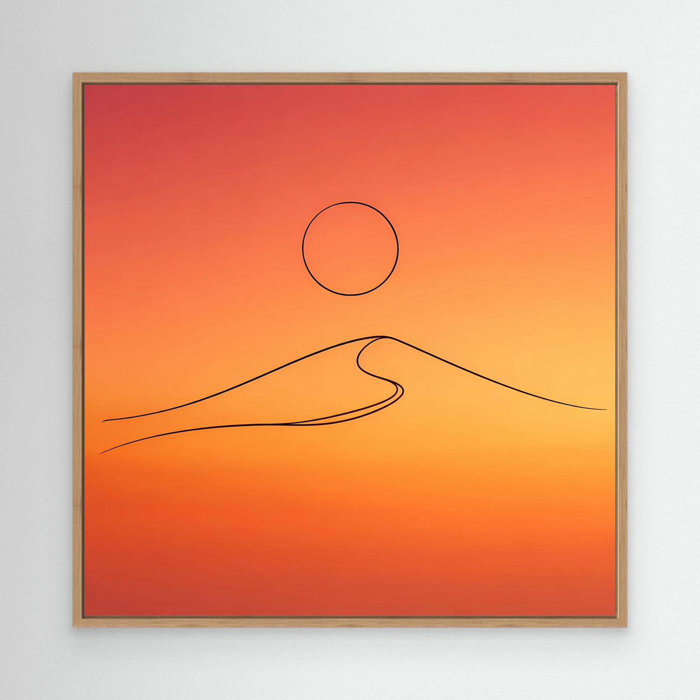 Leinwandbild mit minimalistischer Wüstendüne: Sonne im Kreis, schwarze Linien, im Eichenrahmen