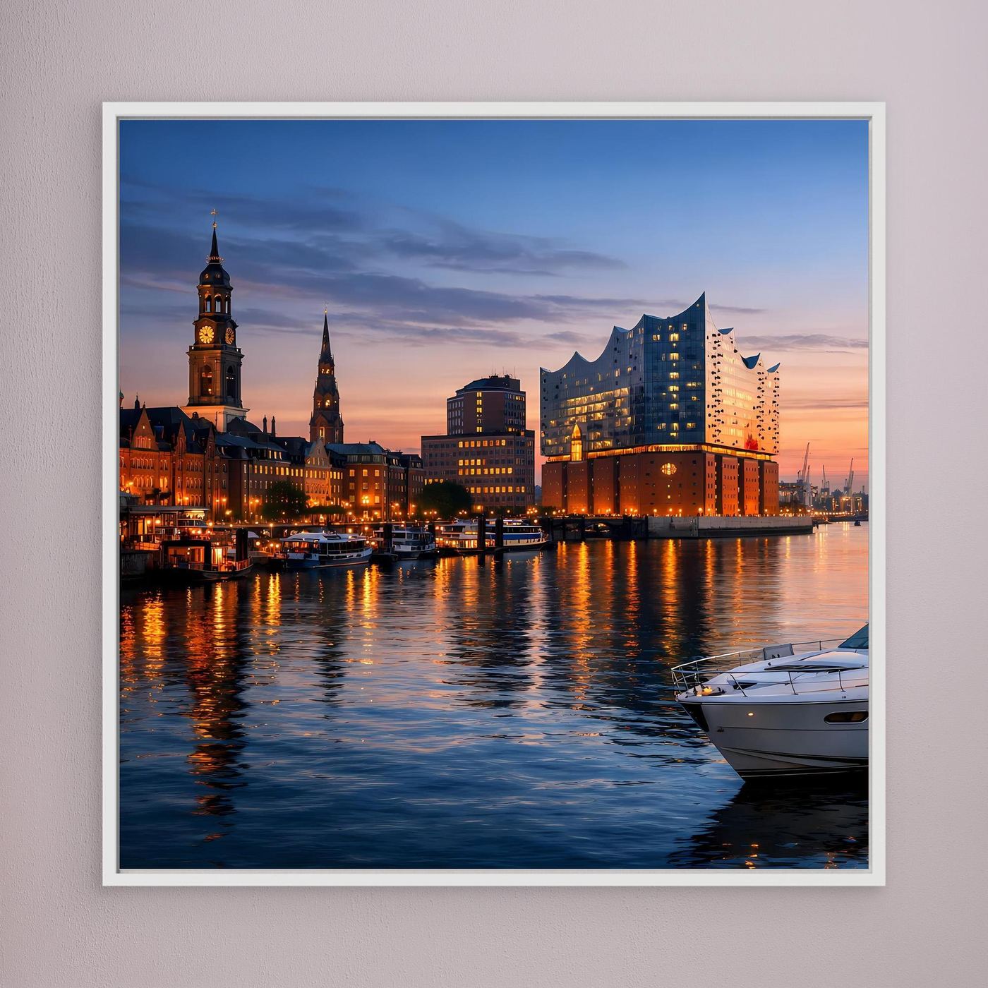 Leinwand-Wandbild der Hamburger Skyline am Wasser mit weißem Rahmen