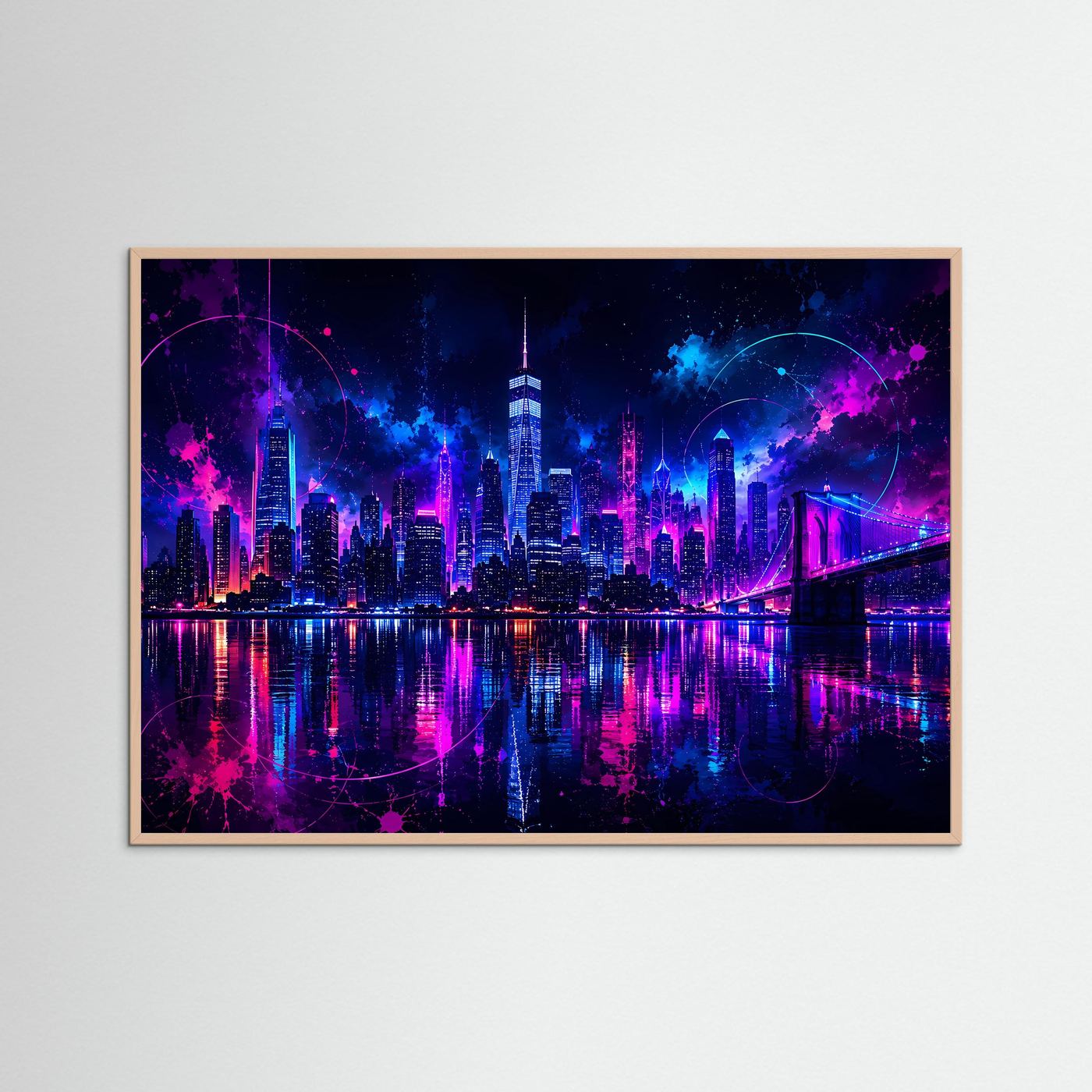 Neon New York Skyline Poster | Futuristische Cyberpunk Stadt bei Nacht | Moderne Wandkunst in Pink & Blau