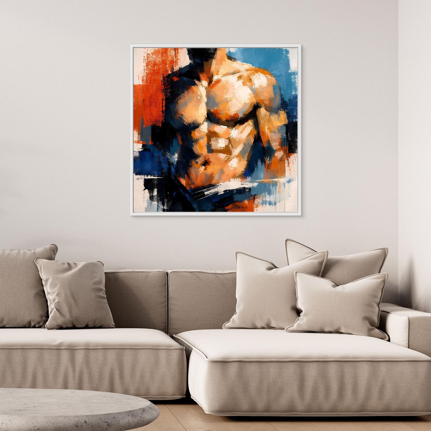 Abstract canvas wall art of a muscular male torso, orange and blue brushstrokes, white frame