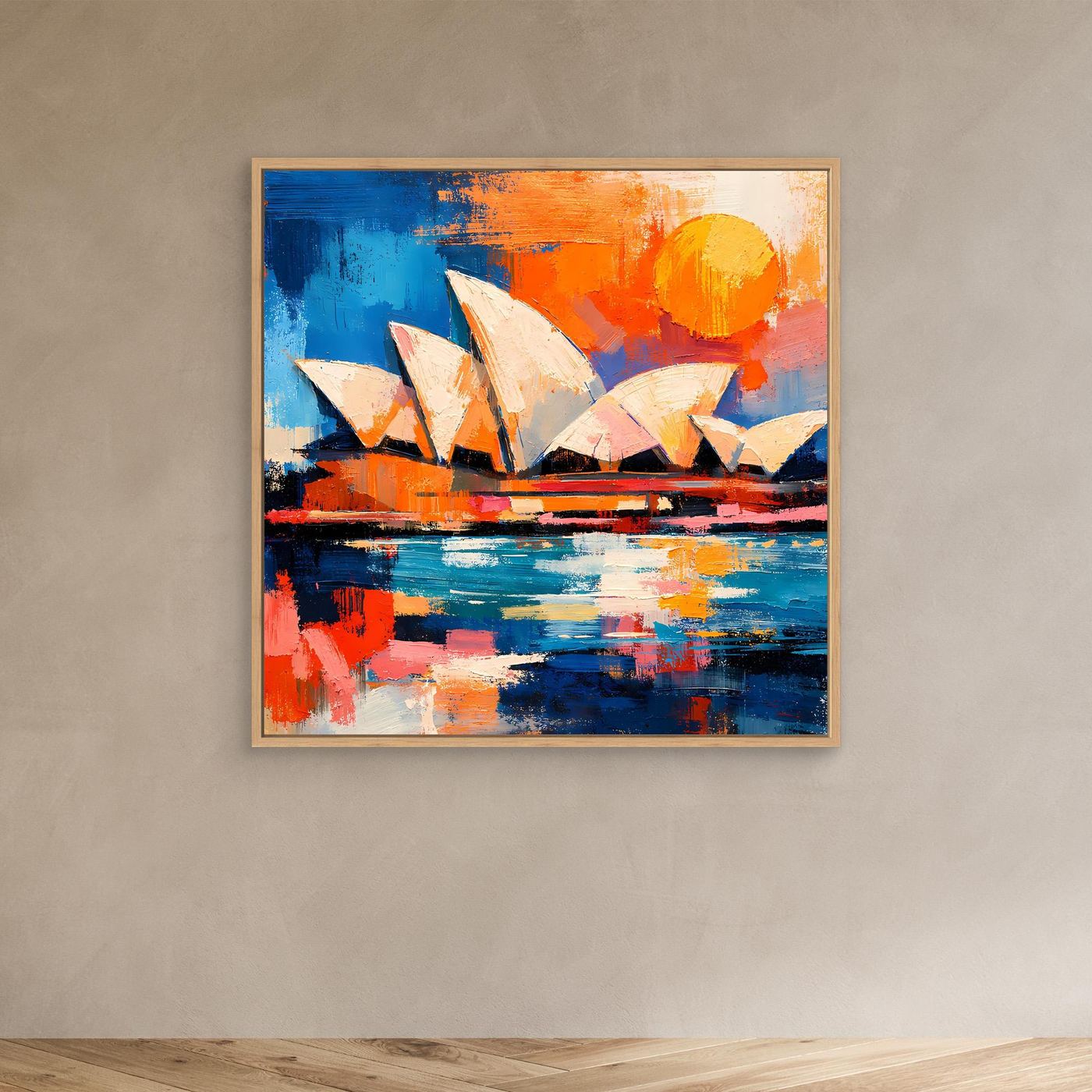 Abstract Sydney Opera House wall art canvas in light oak frame with blue water and orange sun