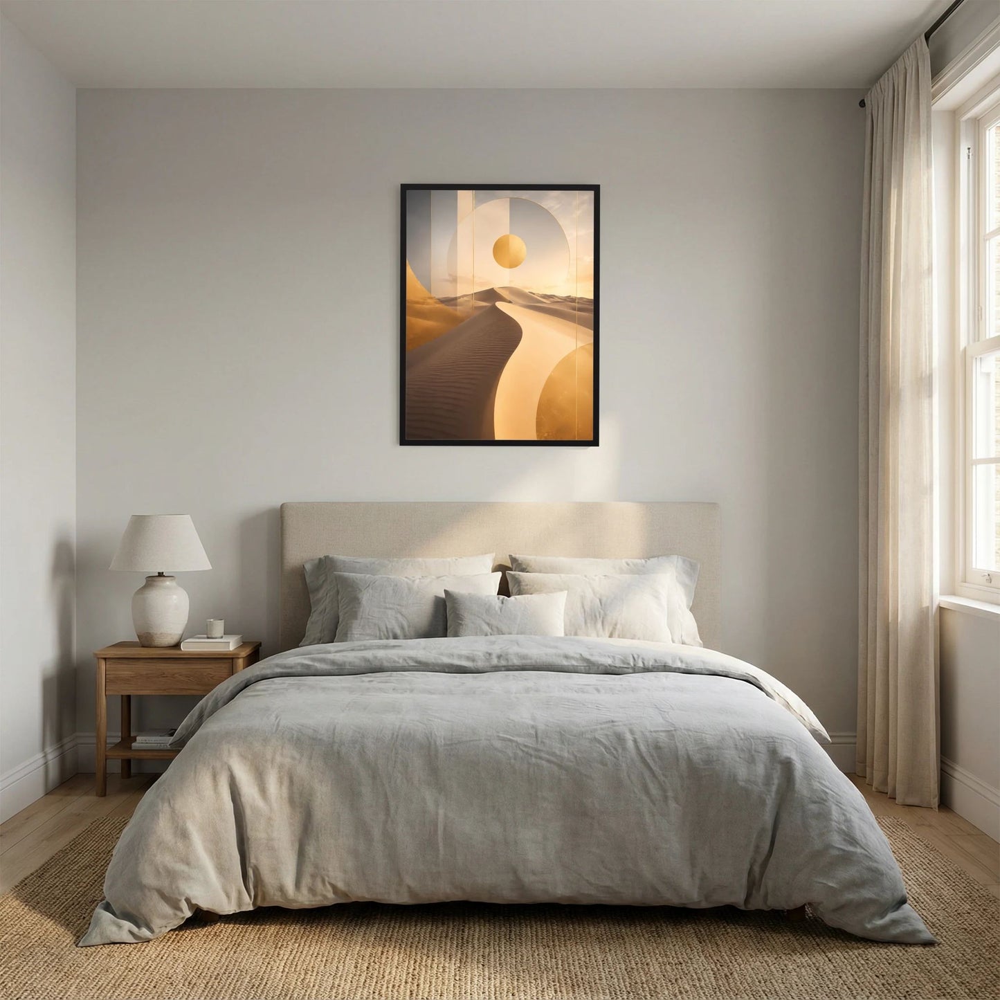 Hochformatiges Poster mit Wüstendünen und goldener Sonne, dunkler Rahmen