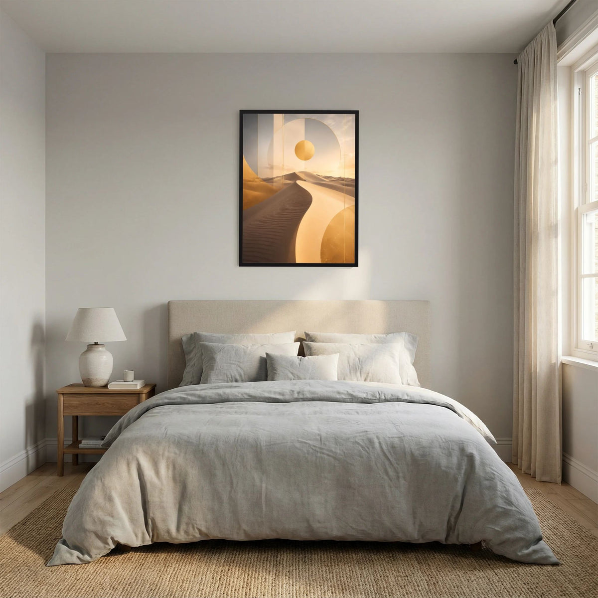 Hochformatiges Poster mit Wüstendünen und goldener Sonne, dunkler Rahmen