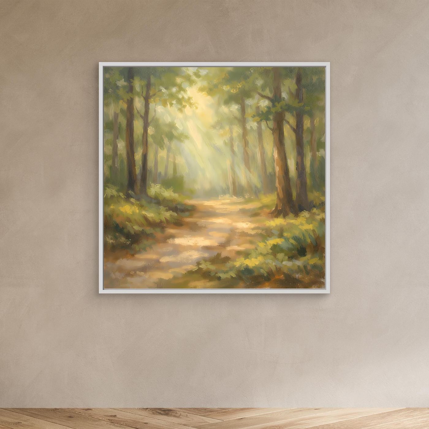 Leinwandbild Waldweg mit Sonnenstrahlen, weiß umrahmt