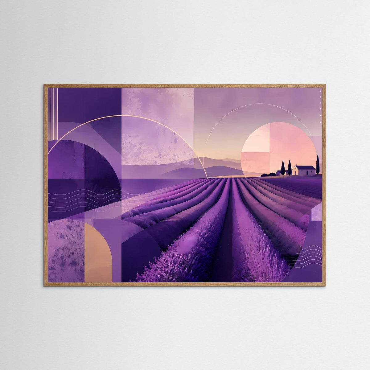 Abstrakte Lavendellandschaft in Violett und Rosa mit Sonne im Halbkreis, warmbrauner Rahmen.