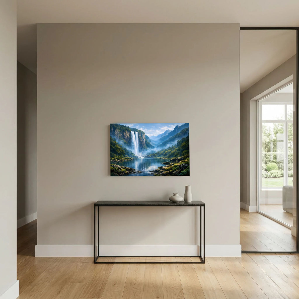 Wandbild mit Wasserfall im Bergwald über See, über Konsole in der Nische