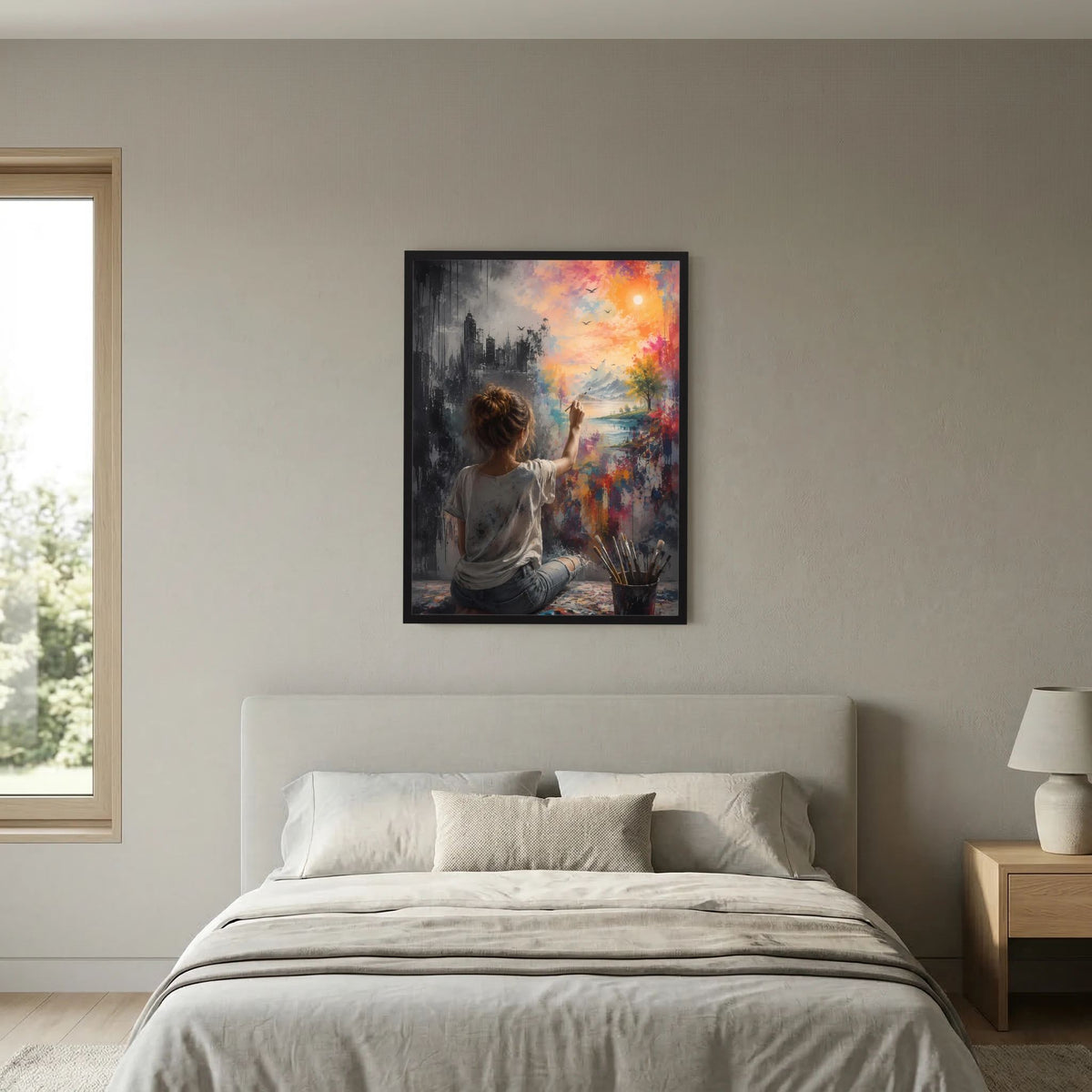 Hochformatposter im schwarzen Rahmen an der Wand, Motiv mit sitzender Frau beim Malen