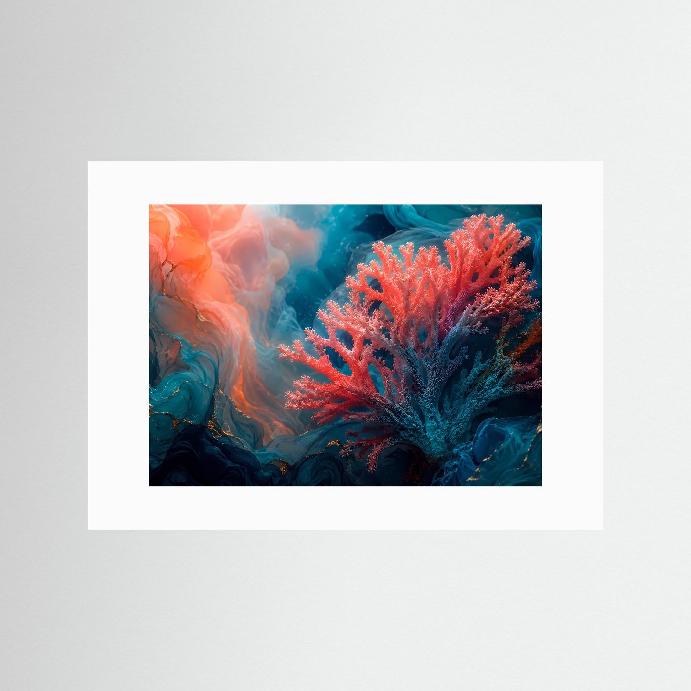 Unterwasser-Kunstposter mit Korallenmotiv in Coral- und Blautönen, weißes Passepartout