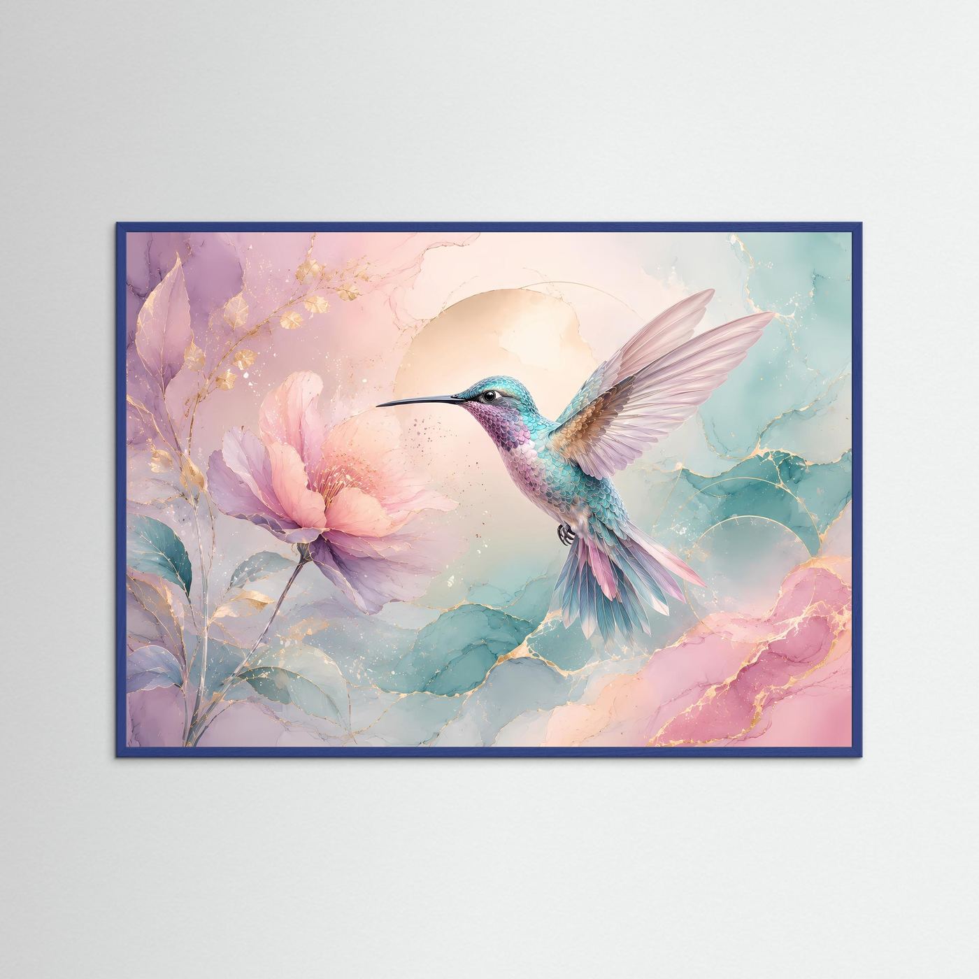 Kolibri Wandbild Pastell | Blüten Poster Rosa Türkis | Elegante Botanische Wandkunst | Moderne Leinwand mit Goldakzenten | Fine Art