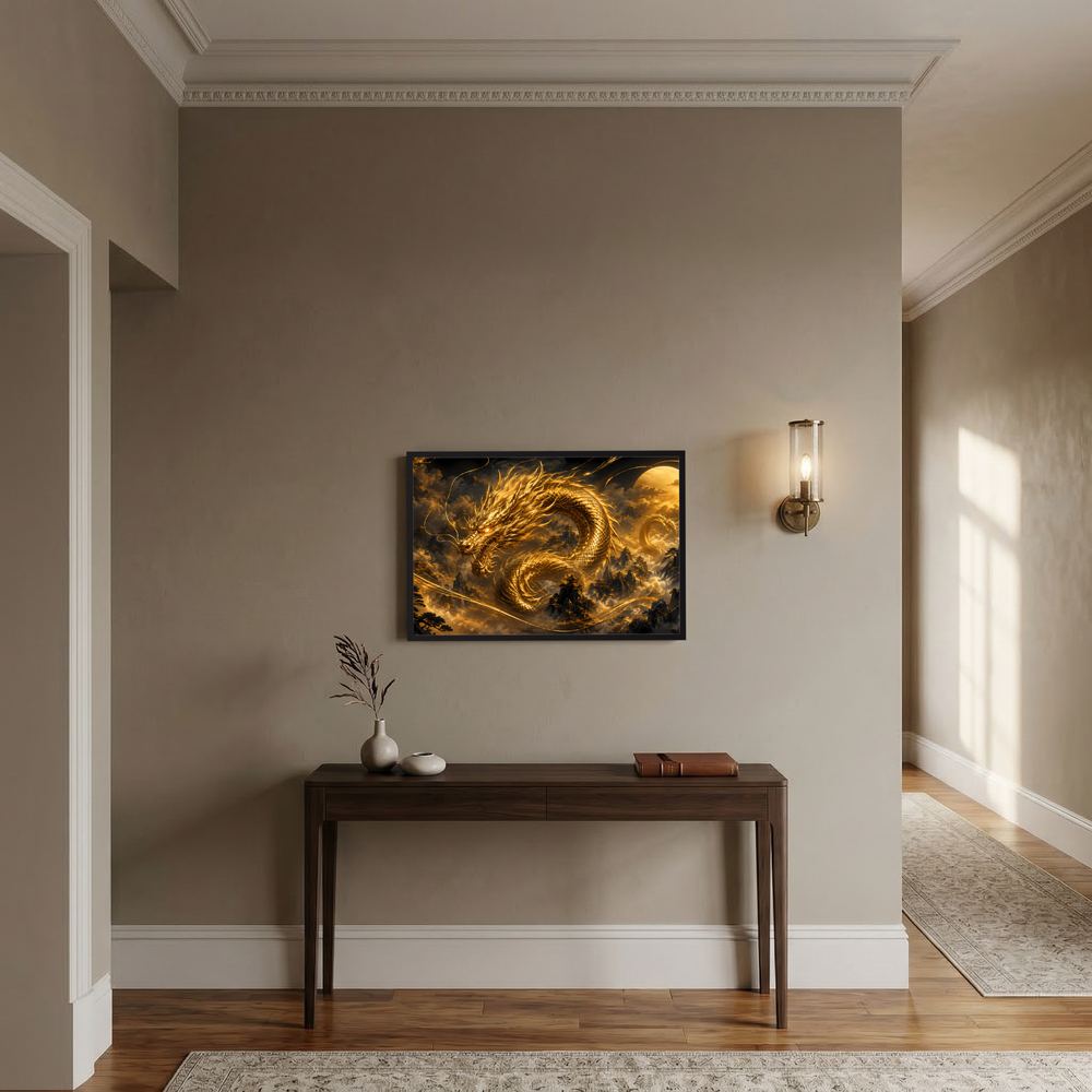 Querformatiges Poster mit goldenem Drachen auf dunklem Hintergrund, dramatischer Rauchwirbel