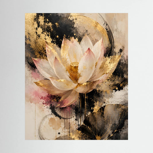 Lotusblumen-Poster: goldene Lotusblüte auf Creme mit schwarzen Spritzern, hochformatig