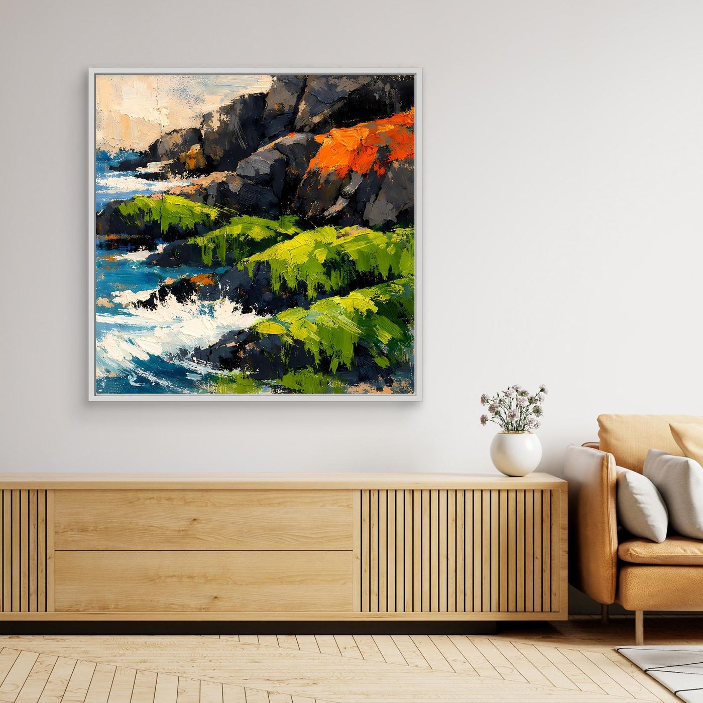 Gerahmtes Leinwand-Wandbild mit abstrakter Küstenlandschaft, hellgrauer Rahmen und Grün, Blau, Orange