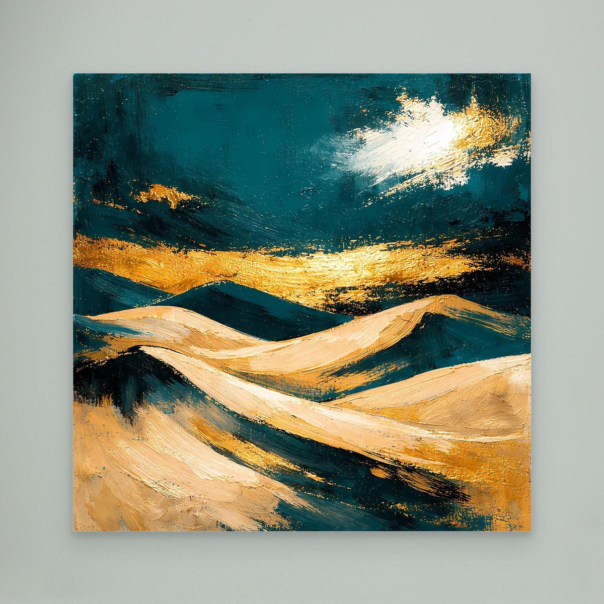 Leinwand-Wandbild mit Dünen, petrol und beige mit goldfarbenen Akzenten