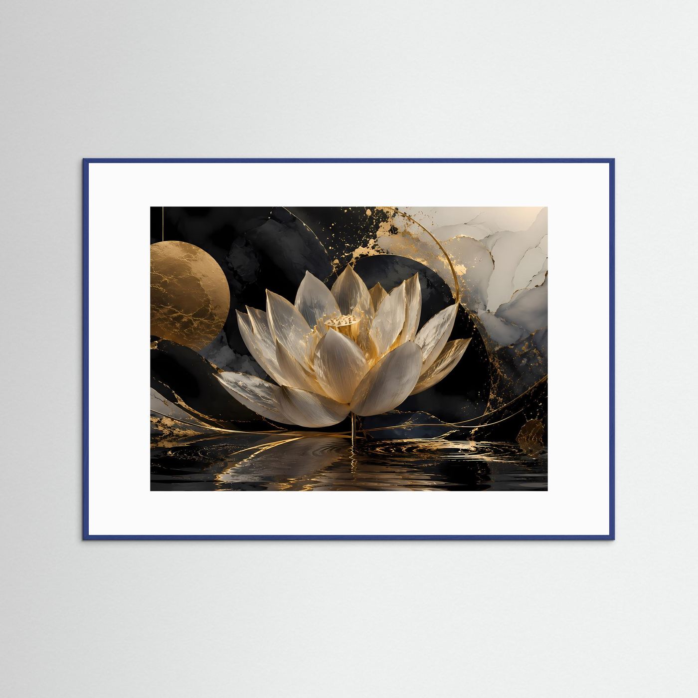 Weiße Lotusblüte Wandbild | Schwarz Gold Lotus Kunst | Elegante Zen Botanical Wall Art | Luxuriöse Meditation Leinwand | Moderne Wellness Deko